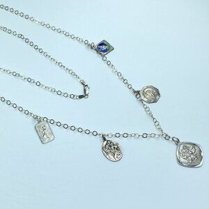 Italian 925 Silver Rosary-Style Chain Necklace w Religious Medallions 32" JR1100